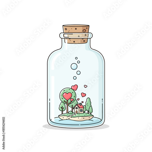 Enclosed idyllic scene encapsulated with glass bottle and whimsical design element illustration