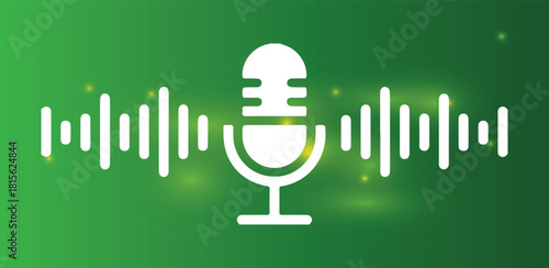 Voice recording symbol with sound wave illustration and glowing particles on green background