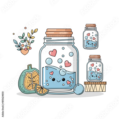 Whimsical glass jars with hearts and bubbles creating a cute cartoon composition of freshness