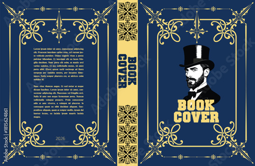 051-30-Full wrap book cover template presenting a bearded victorian man in an ornate, elegant, retro style