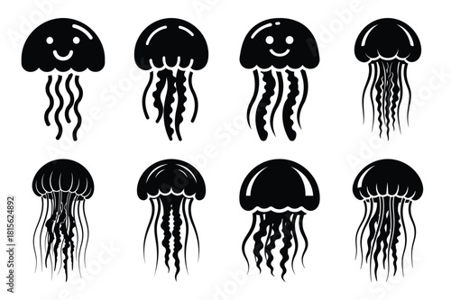 jolly jellyfish silhouette icon set on the white background