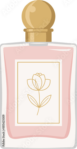 Flat Design Feminine Perfume Bottle with Rose Flower Element Illustration