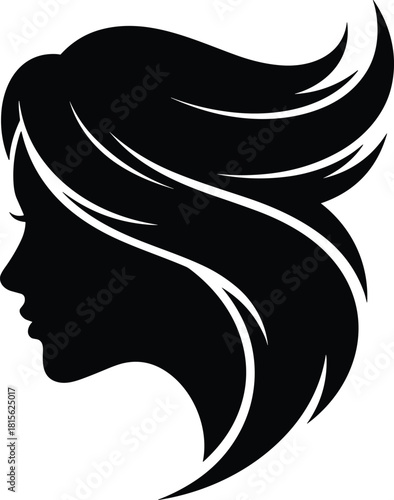 Woman's face profile silhouette with beautiful flowing hair, elegant vector graphic for beauty salon, hairdressing, and cosmetics logo design.