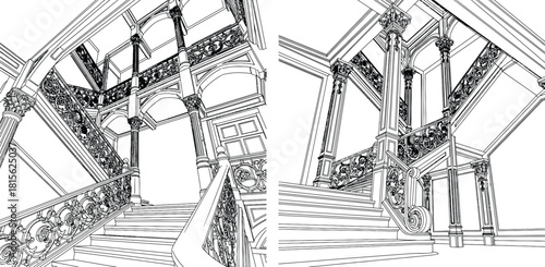 Detailed architectural line drawing of two elegant ornate grand staircases with classical columns and intricate railings