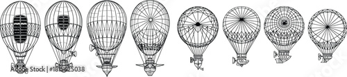 Detailed line art collection of vintage style hot air balloons and steampunk airships for aerial travel