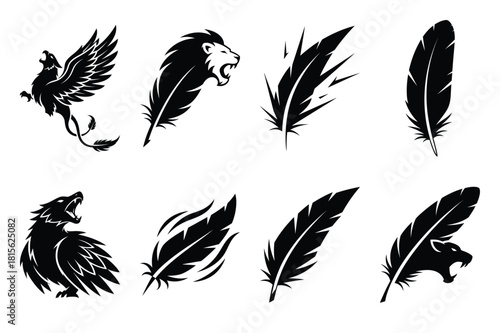 roaring feather silhouette icon set on the white background