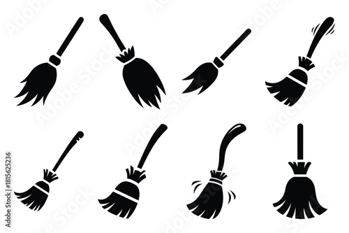 silly broom silhouette icon set on the white background