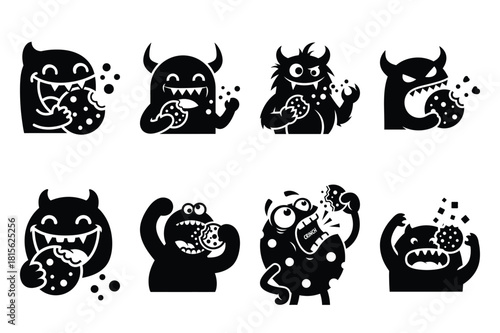 silly cookie crunch silhouette icon set on the white background