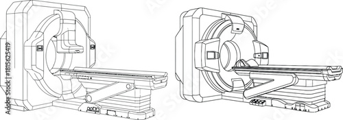 Detailed line art illustration of a medical diagnostic imaging scanner with patient examination table