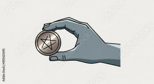 Mystical hand holds a pentagram coin, invoking ancient magic and otherworldly power, perfect for fantasy games, occult themes, and mysterious narratives