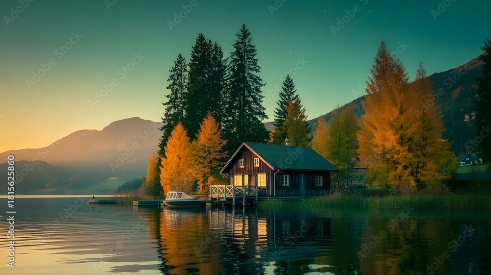 Fototapeta premium Peaceful lake scene from sunset to sunrise with soft reflections and surrounding nature
