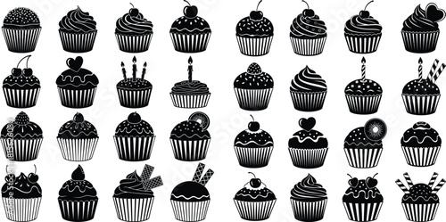 Diverse collection of decorated cupcake silhouettes featuring various toppings, candles, and fruit for celebrations