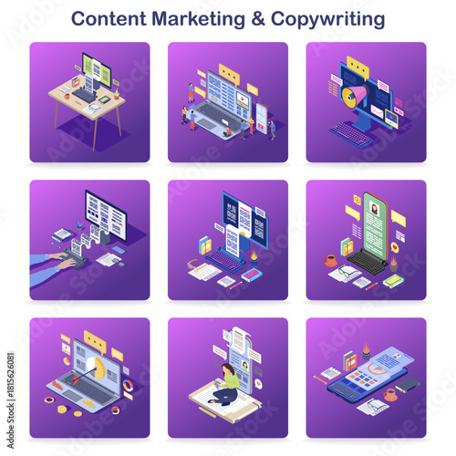 Content marketing and copywriting isometric concept icons set. Inbound digital marketing. PR campaign, online promotion. Advertising text writing. Copywriters, marketers, bloggers creating content Pro
