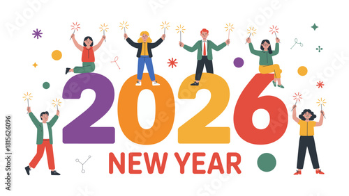 Festive New Year 2026: A vibrant illustration shows people celebrating New Year with sparkling star wands around big figures. This image radiates joy, unity, and the spirit of looking ahead.