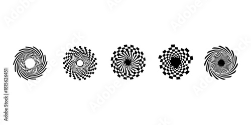 Four abstract swirling optical illusion designs with geometric patterns isolated on transparent background isolated on white background silhouette