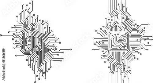 Intricate electronic circuit board patterns featuring interconnected lines and components in a tech line art style