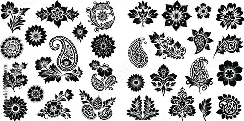 Large collection of traditional Indian inspired floral and paisley decorative elements in solid silhouette shapes