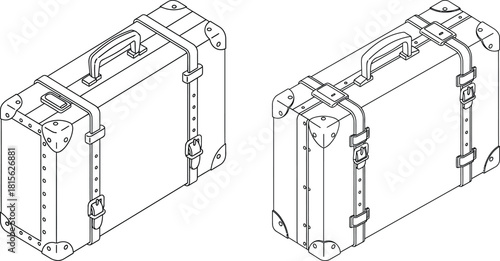 Isometric vintage travel suitcases with buckles and corner protectors in a classic line art style