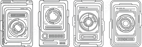 Minimalist futuristic user interface elements showing sci fi digital displays and modern technology line art