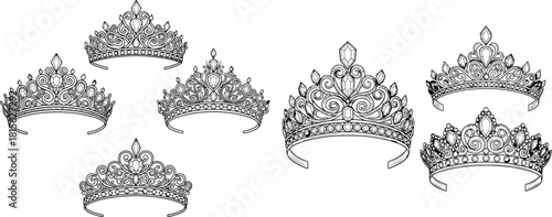 Ornate collection of queen and princess tiaras with sparkling jewels in detailed line art style