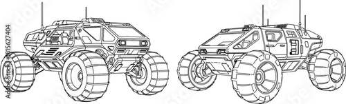 Outline drawing of a futuristic space exploration rover vehicle with large wheels for planetary terrain