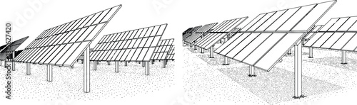 Outline drawing of a large solar energy farm, emphasizing sustainable technology and environmental power generation