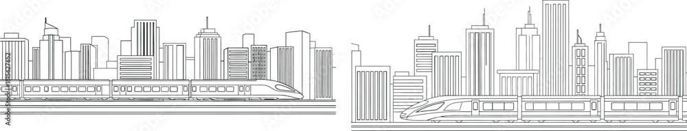 Obraz premium Outline illustration of a modern cityscape featuring tall buildings and a sleek high speed train passing by
