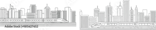Outline illustration of a modern cityscape featuring tall buildings and a sleek high speed train passing by