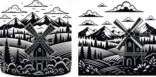 Rustic windmill standing in a picturesque rural landscape with towering mountains and rolling fields