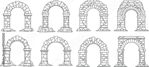 Set of detailed stone archway ruins in various conditions for architectural illustrations