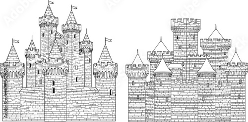 Simple line drawing showcasing two iconic medieval castles with multiple towers and flags, ideal for storybook setting