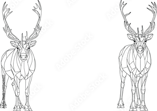 Stunning geometric line art illustration of two majestic deer stags with prominent antlers in a modern style