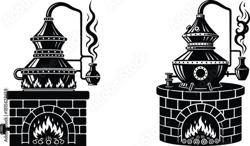Traditional alembic distillation apparatus on a brick furnace with burning fire and smoke ascending