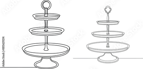 Two tiered serving stands in varied line drawing styles, featuring multiple plates for elegant dessert presentation setups