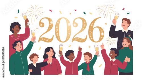 Celebratory toast for 2026: A diverse group of people toast the arrival of the year 2026,raising flutes of champagne in a joyful celebration filled with confetti and fireworks. 
