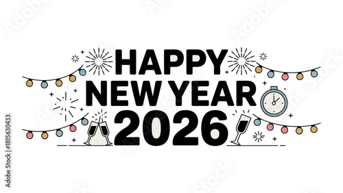 A Festive 2026: A cheerful design for New Year's celebrations, incorporating fireworks and celebratory imagery.