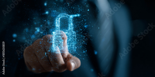 Digital padlock concept, IT manager presenting security technology with holographic interface, emphasizing data protection