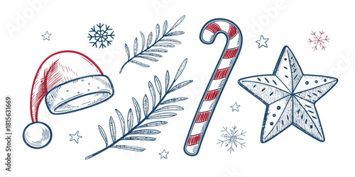 Festive holiday cheer radiates from this sketched Santa hat, candy cane, star, snowflakes, and winter foliage. A classic holiday design.