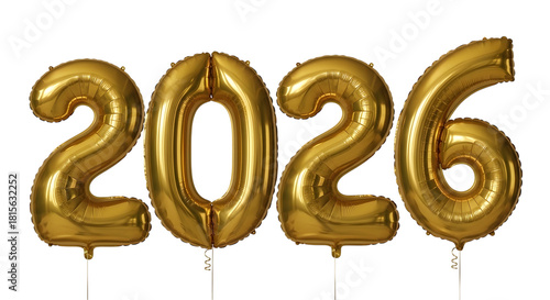 Golden 2026 balloon numbers isolated on transparent background