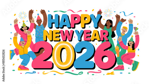 Celebratory New Year 2026: An illustration showcases a lively new year celebration with jubilant individuals, embodying the spirit of a fresh start and new beginnings for the year 2026.