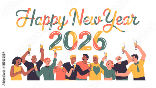 Joyous New Year Celebration: A vibrant gathering of friends, raising champagne flutes in a toast to the upcoming year, painted with festive hues.