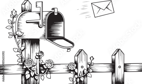 Rural Mailbox & Roses Line Art | Countryside Fence & Letter Scene