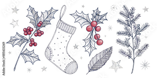 Festive hand-drawn Christmas elements with holly, winter foliage, and a stocking for holiday designs and invitations