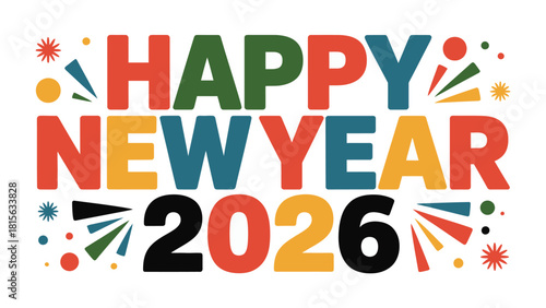 New Year Celebration 2026: An eye-catching graphic spells out Happy New Year 2026, showcasing vibrant colors. It's a celebratory emblem.