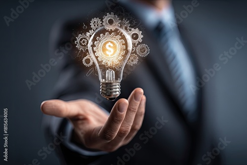 Wallpaper Mural Businessman holds glowing lightbulb with gears and dollar sign (1) Torontodigital.ca