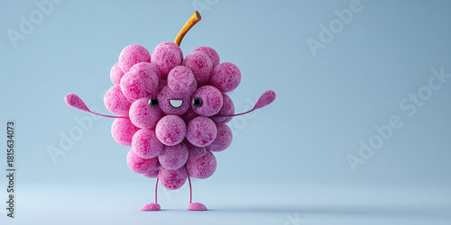 Cute grape character with joyful expression, made from bunch of grapes, showcasing playful design and vibrant colors