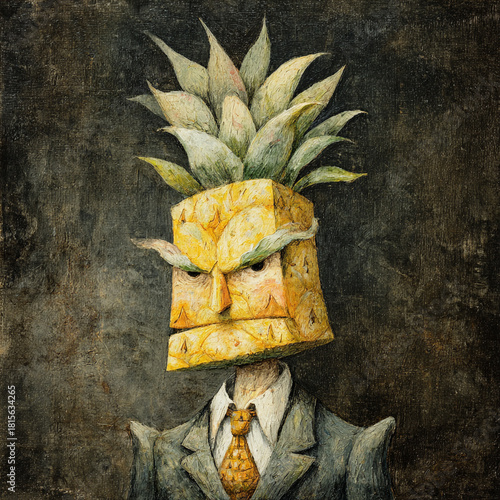 Pineapple man character with suit, unique art style, expressive features, whimsical design, surreal concept, vibrant colors