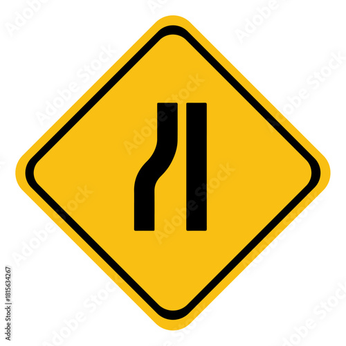 A road narrows on the left or merging traffic from the left warning sign. The sign warns drivers that the road width decreases ahead from the left side. isolated on a white background.