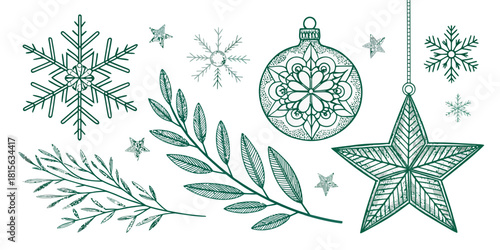 Elegant festive designs with snowflakes, ornaments, and greenery create a winter holiday feeling for seasonal designs and crafts