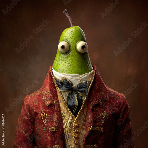 Whimsical pear character dressed in vintage suit, showcasing playful and humorous expression